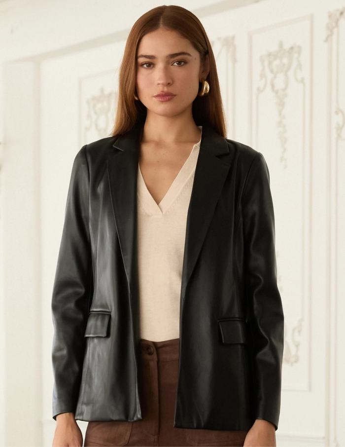 Faux Leather Open Blazer- Black