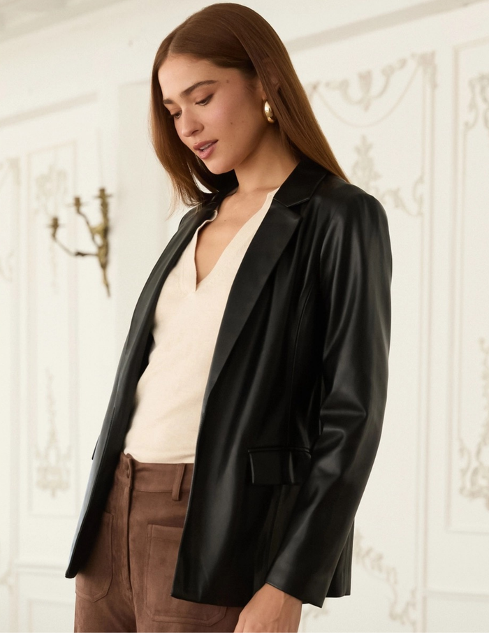 Faux Leather Open Blazer- Black