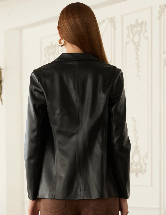 Faux Leather Open Blazer- Black
