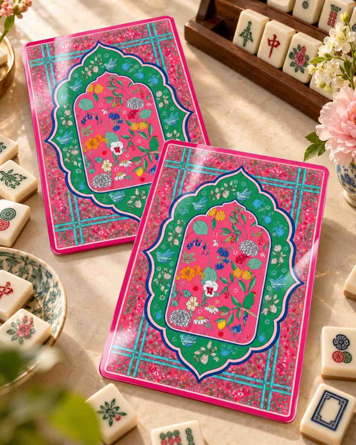 Floral mahjong shufflers set of 2, pink and green decorative square cards