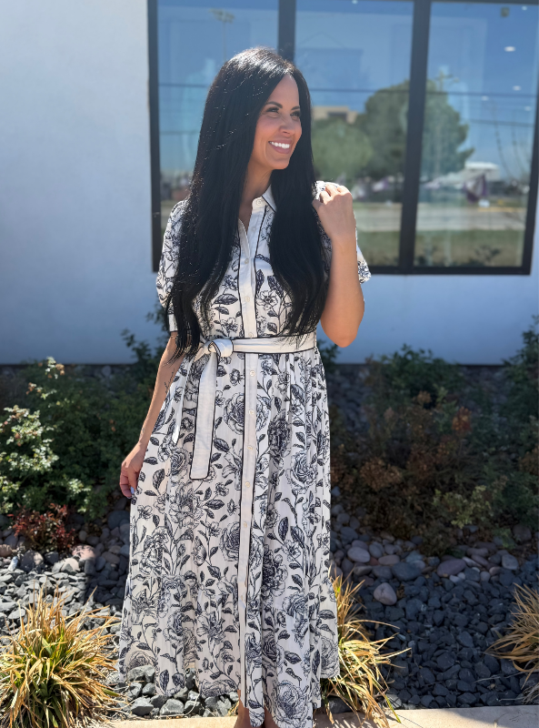 Floral Contrast Button Up Dress- Navy