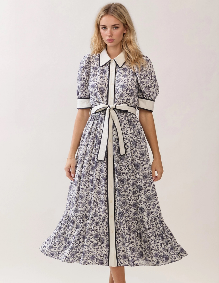 Floral Contrast Button Up Dress- Navy
