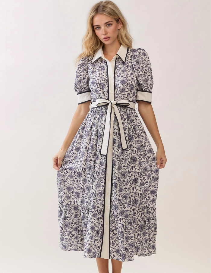 Floral Contrast Button Up Dress- Navy