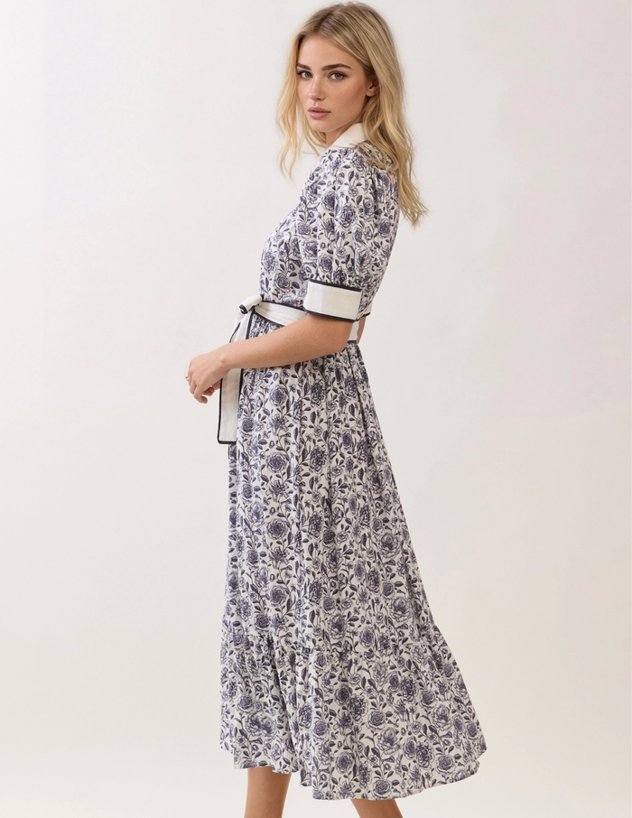 Floral Contrast Button Up Dress- Navy