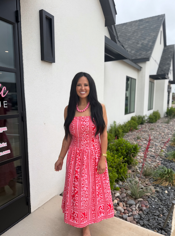 Floral Drop Waist Midi Dress- Pink & Red