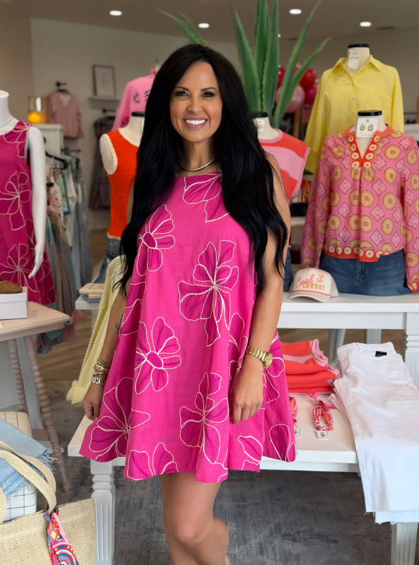 Floral Embroidered A-Line Mini Dress- Hot Pink