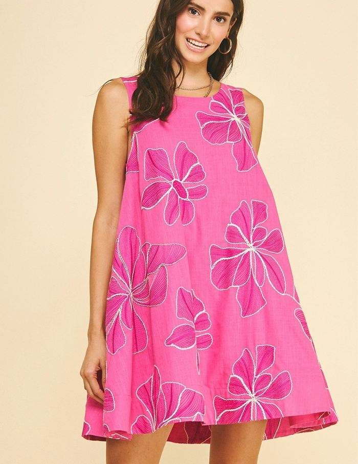 Floral Embroidered A-Line Mini Dress- Hot Pink