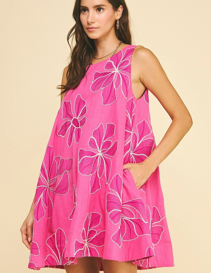 Floral Embroidered A-Line Mini Dress- Hot Pink