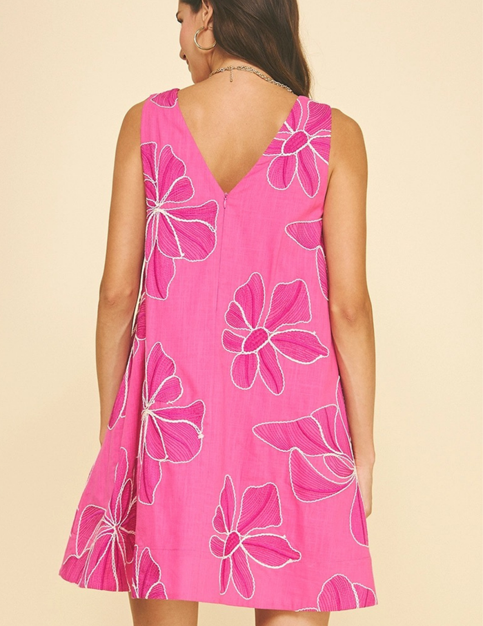 Floral Embroidered A-Line Mini Dress- Hot Pink