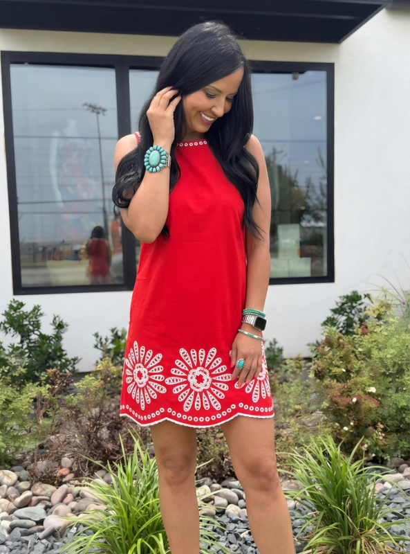 Floral Embroidered Mini Dress- Red