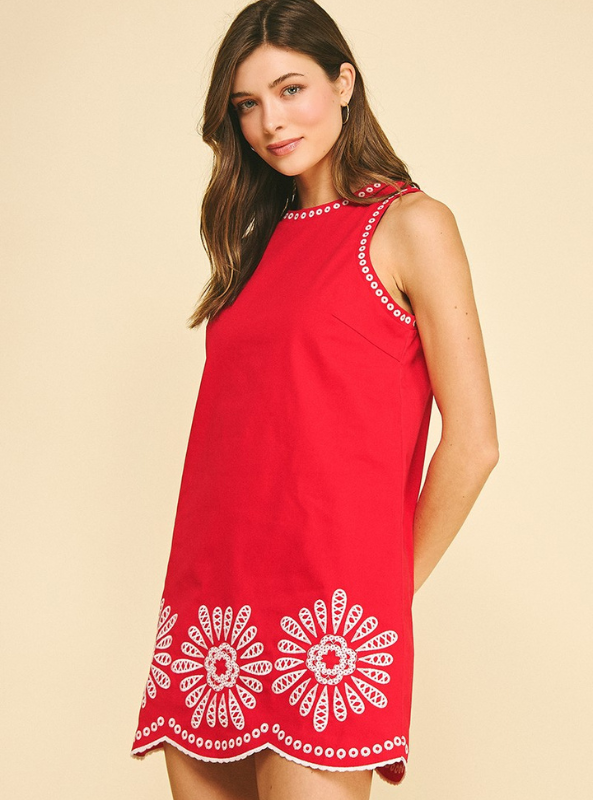 Floral Embroidered Mini Dress- Red