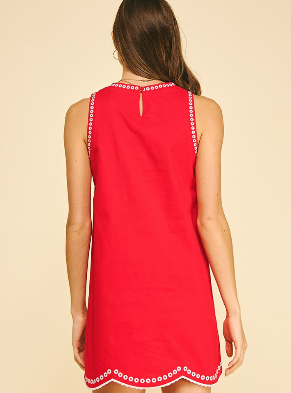 Floral Embroidered Mini Dress- Red