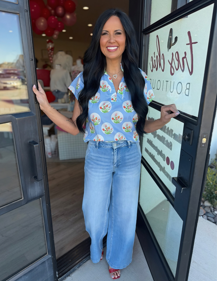 Floral Flutter Sleeve Top- Blue