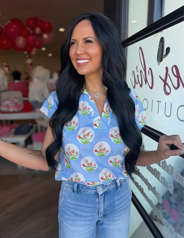 Floral Flutter Sleeve Top- Blue