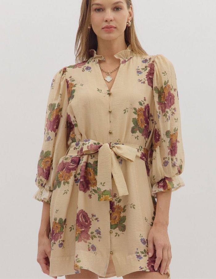 Floral Mini Dress- Ecru