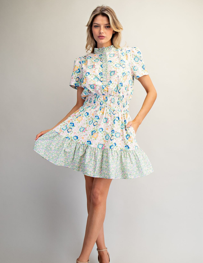 Floral Pattern Smocked Waist Mini Dress