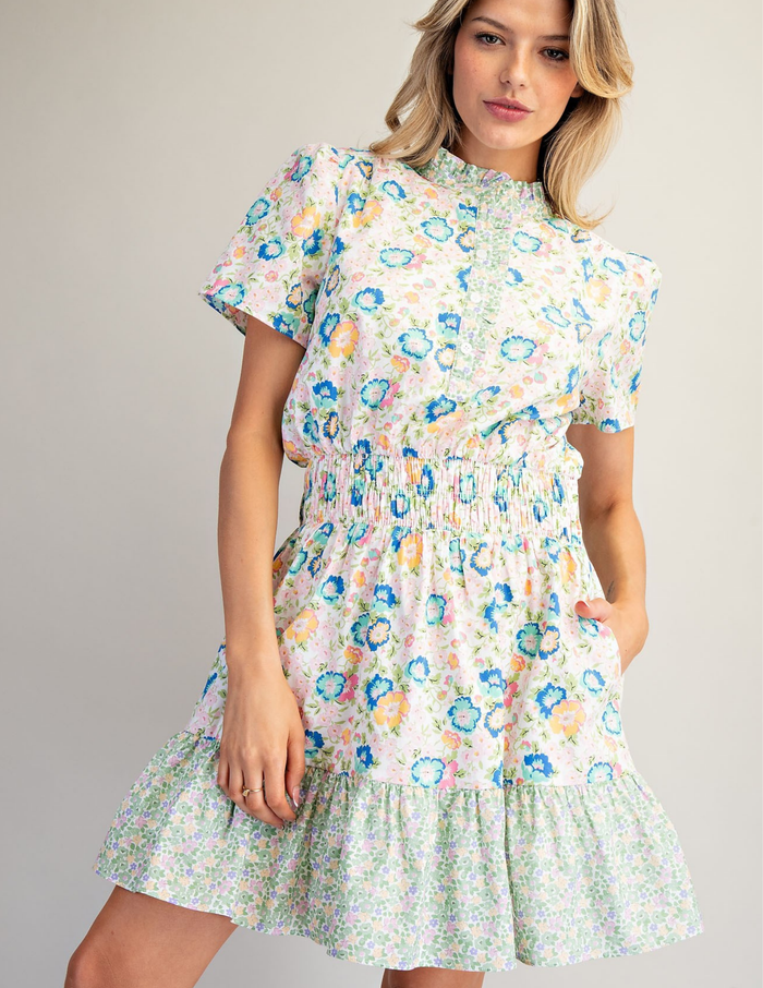 Floral Pattern Smocked Waist Mini Dress