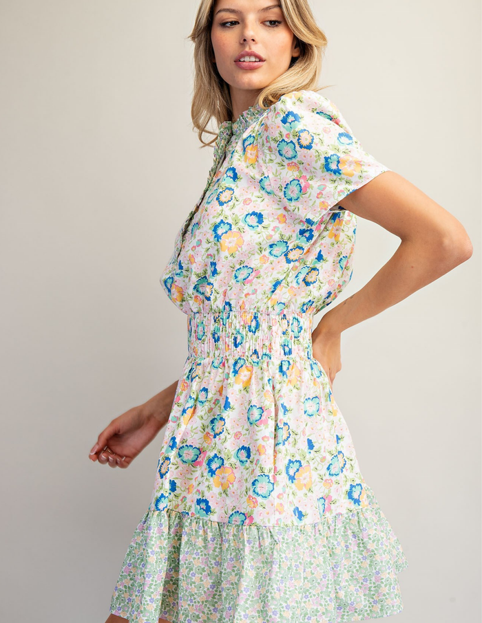 Floral Pattern Smocked Waist Mini Dress