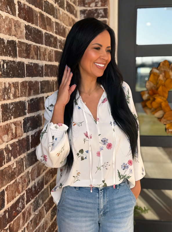 Floral Print V-Neck Top- Off White