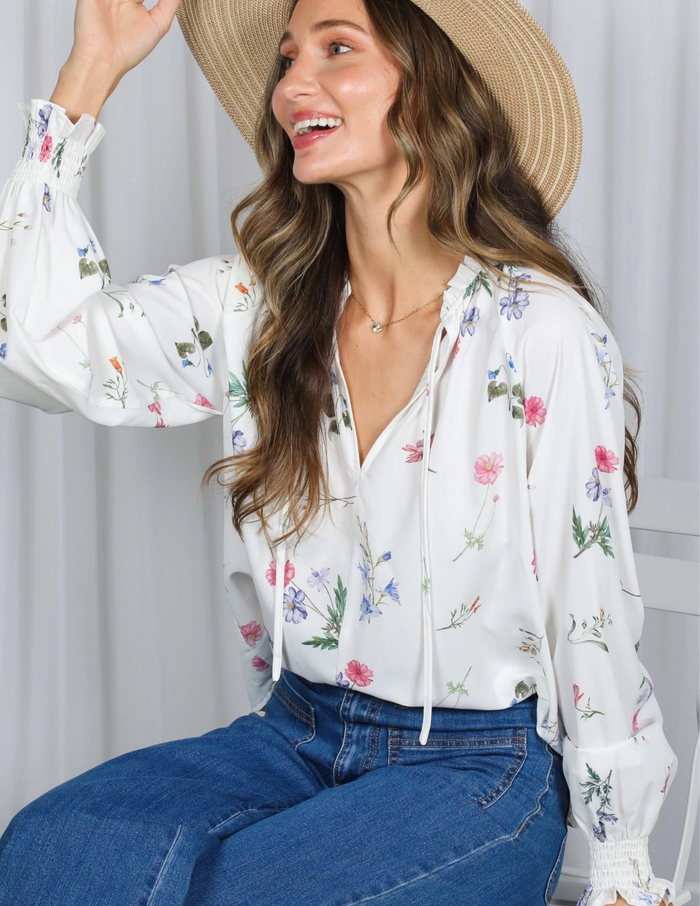 Floral Print V-Neck Top- Off White