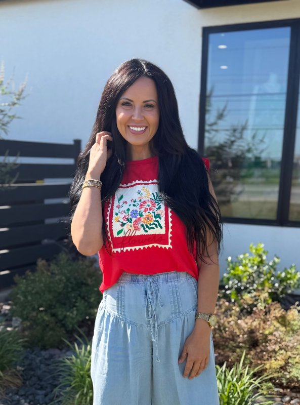 Flower Graphic Embroidered Tee- Red