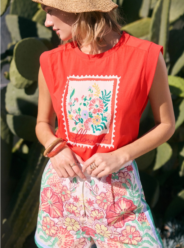Flower Graphic Embroidered Tee- Red