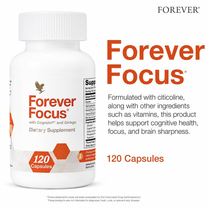 Forever Focus in a branded bottle, daily cognitive support supplement formulated to help support focus, memory, and mental performance as part of a healthy lifestyle.