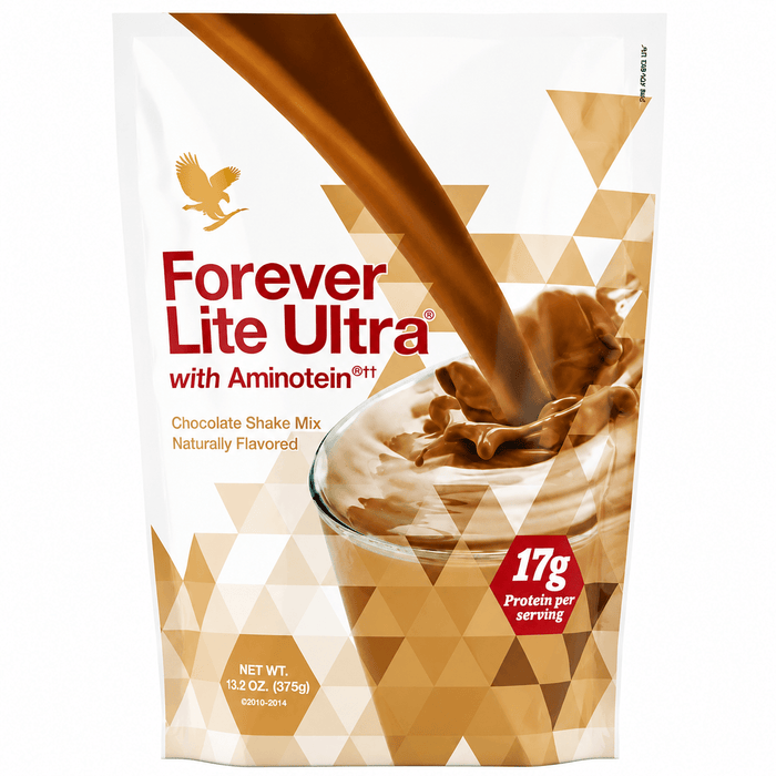 Forever Ultra Lite Chocolate in a branded canister, chocolate-flavored protein shake mix formulated to provide protein and essential nutrients as part of a balanced diet and active lifestyle.