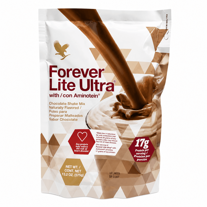 Forever Ultra Lite Chocolate in a branded canister, chocolate-flavored protein shake mix formulated to provide protein and essential nutrients as part of a balanced diet and active lifestyle.