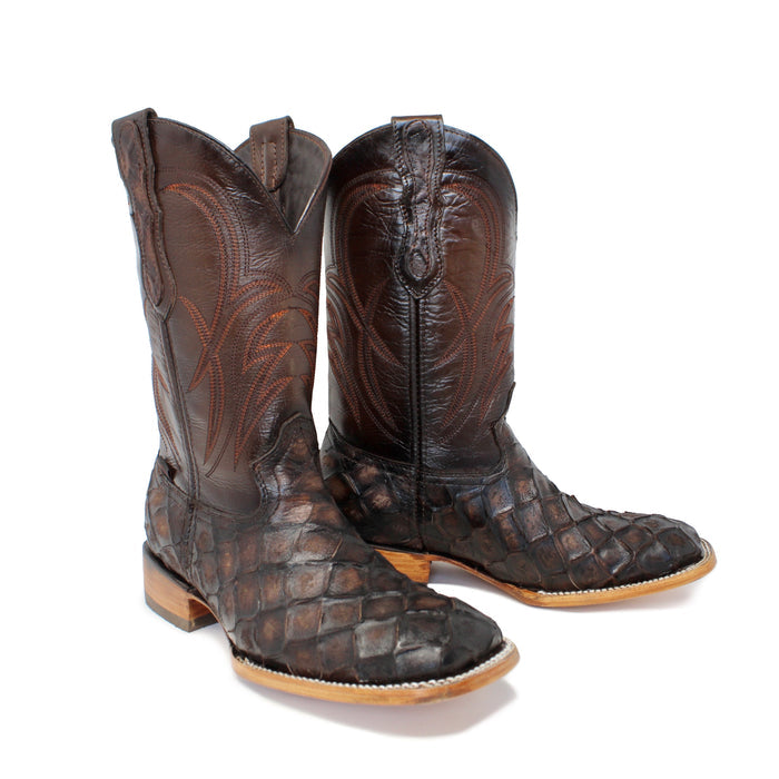 Pair of Artillero men’s cowboy boots in brown leather with imitation pirarucu vamp, stitched 12 inch shaft, and 1.5 inch heel