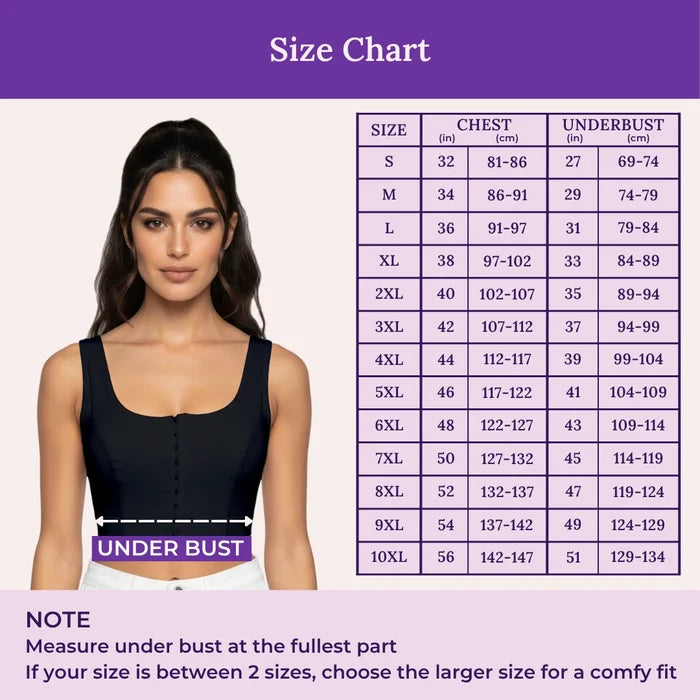 A size chart with a model wearing a black camisole on the left and a chest/underbust measurement table on the right, under a purple 'Size Chart' heading.