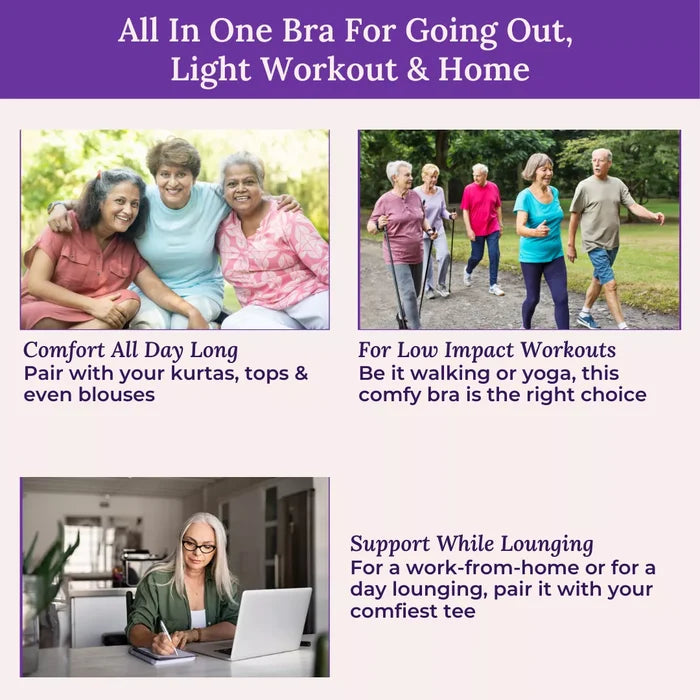 Advertisement for a versatile bra suitable for various activities with images of people in different settings.
