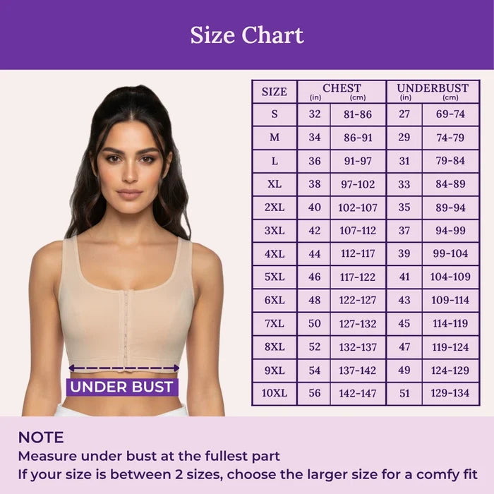 A size chart for a bra, featuring a model wearing a beige bra on the left and a detailed size table on the right with columns for size, chest, and underbust measurements. The image has a purple header and footer with the title 'Size Chart'.