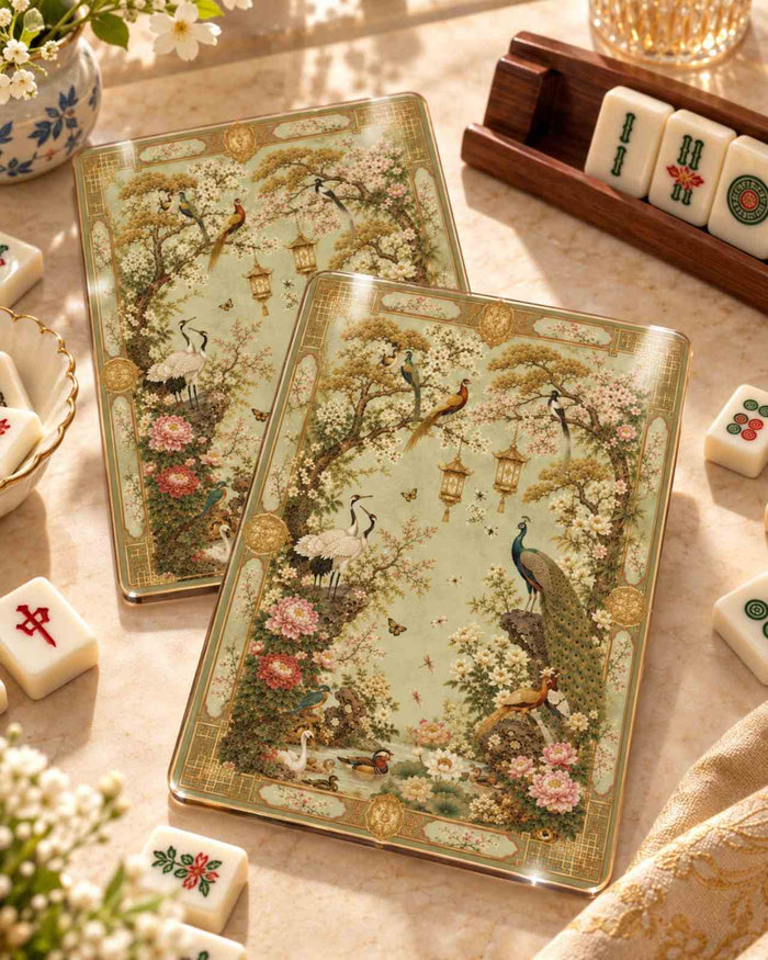 Set of 2 rectangular mahjong shufflers with garden floral and birds design, gold trim