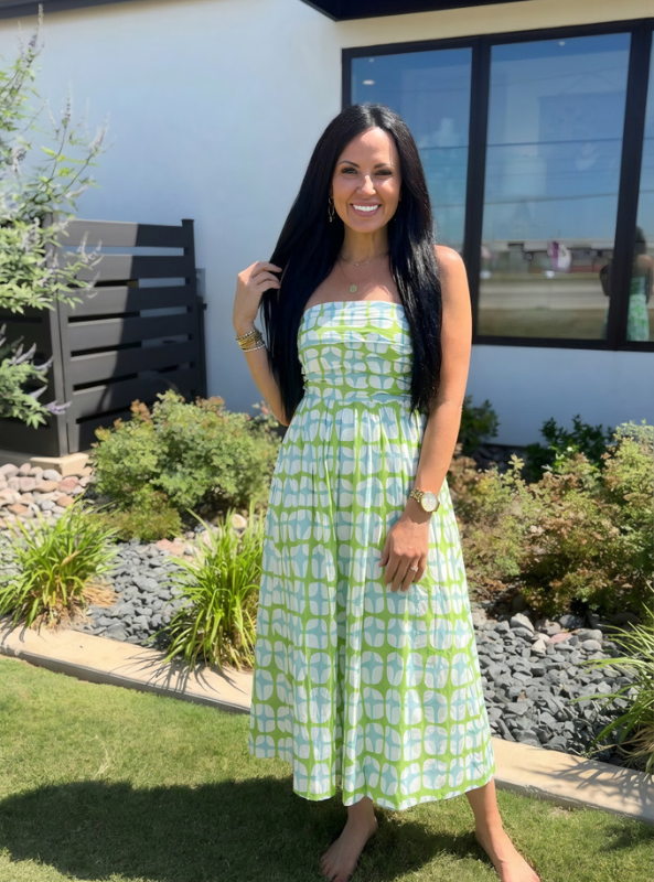 Geometric Print Midi Dress- Aqua Green