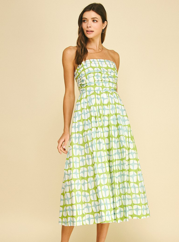 Geometric Print Midi Dress- Aqua Green
