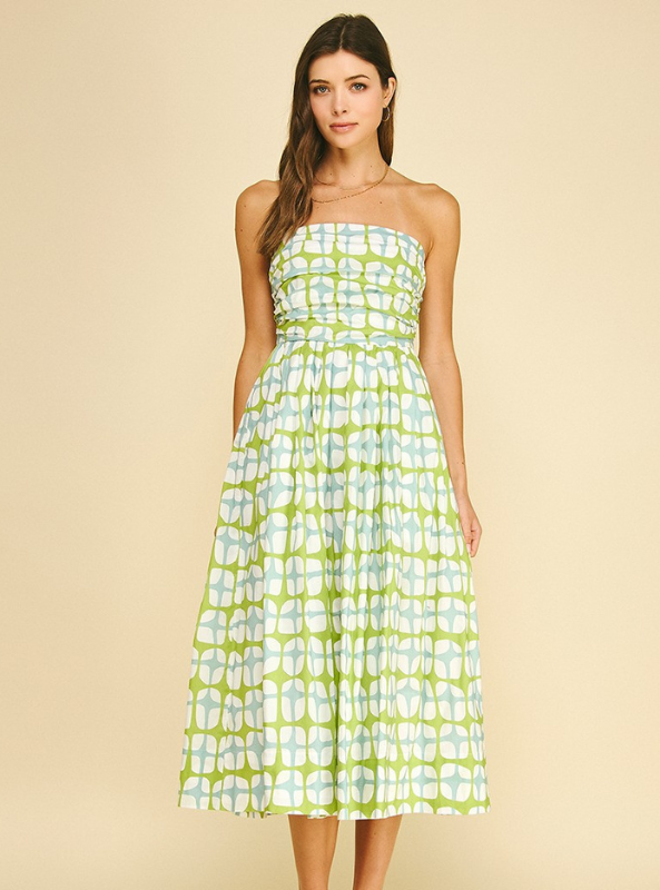 Geometric Print Midi Dress- Aqua Green