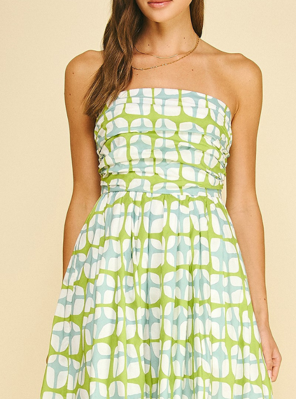 Geometric Print Midi Dress- Aqua Green