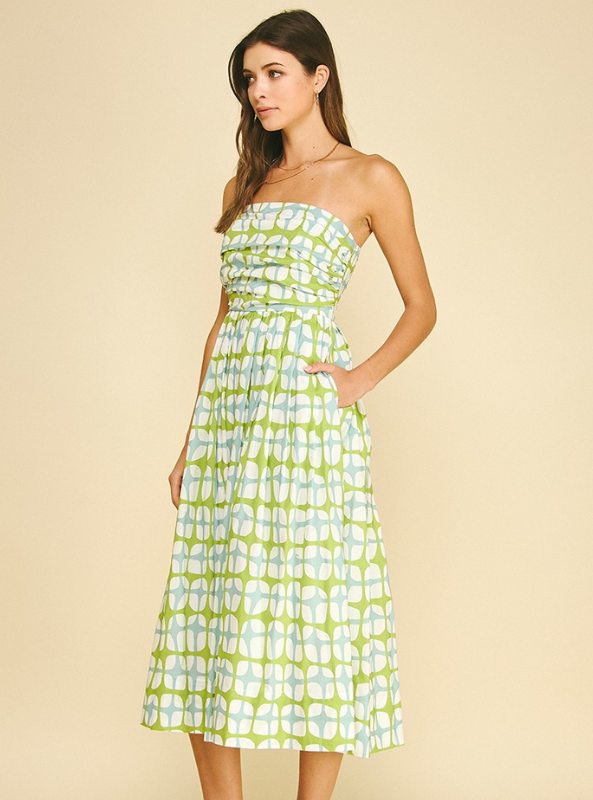 Geometric Print Midi Dress- Aqua Green