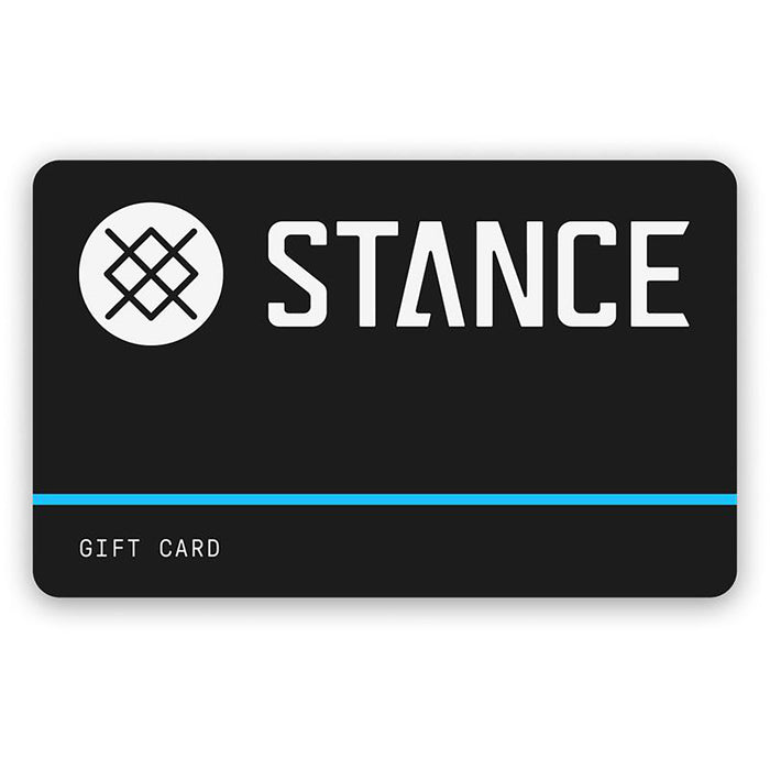 Stance gift card with black background and blue stripe on a white background