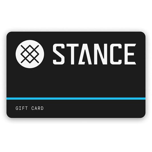 Stance gift card with black background and blue stripe on a white background