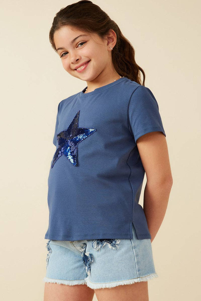 Girls Navy Sequin Star Patch Knit T Shirt