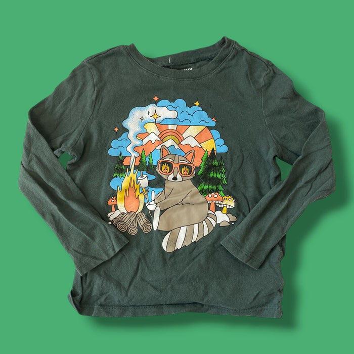 green Old Navy racoon campfire, 4Y
