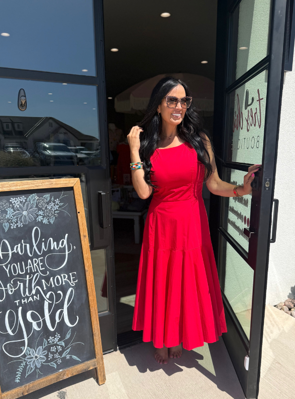 Halter Neck A-Line Midi Dress- Red