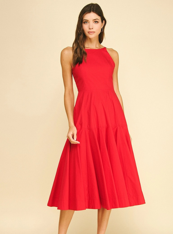 Halter Neck A-Line Midi Dress- Red