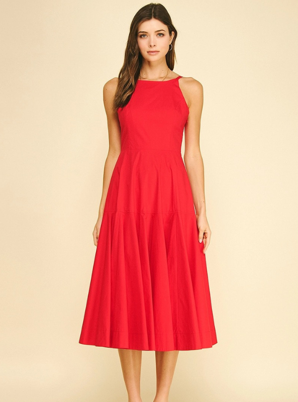 Halter Neck A-Line Midi Dress- Red