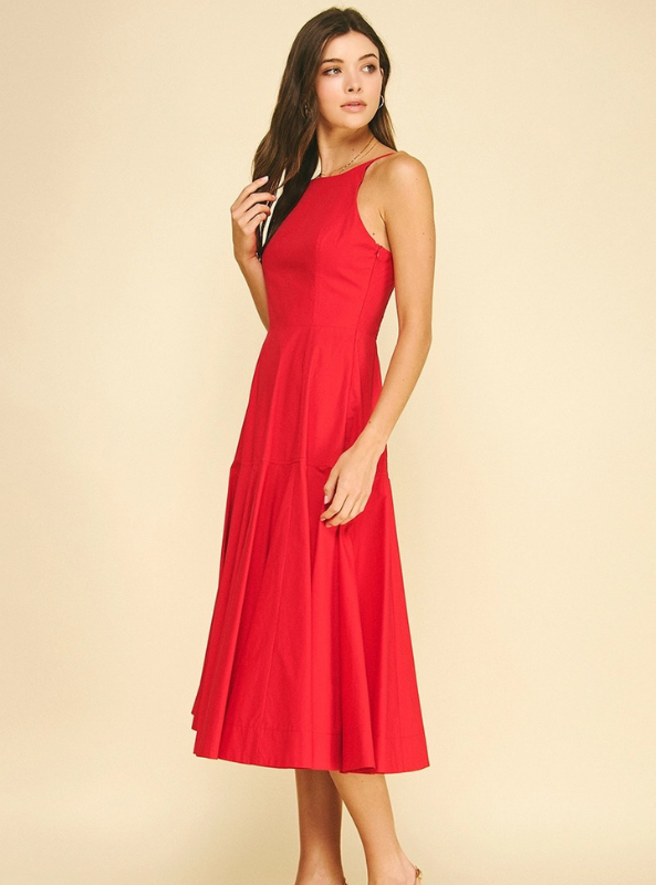 Halter Neck A-Line Midi Dress- Red