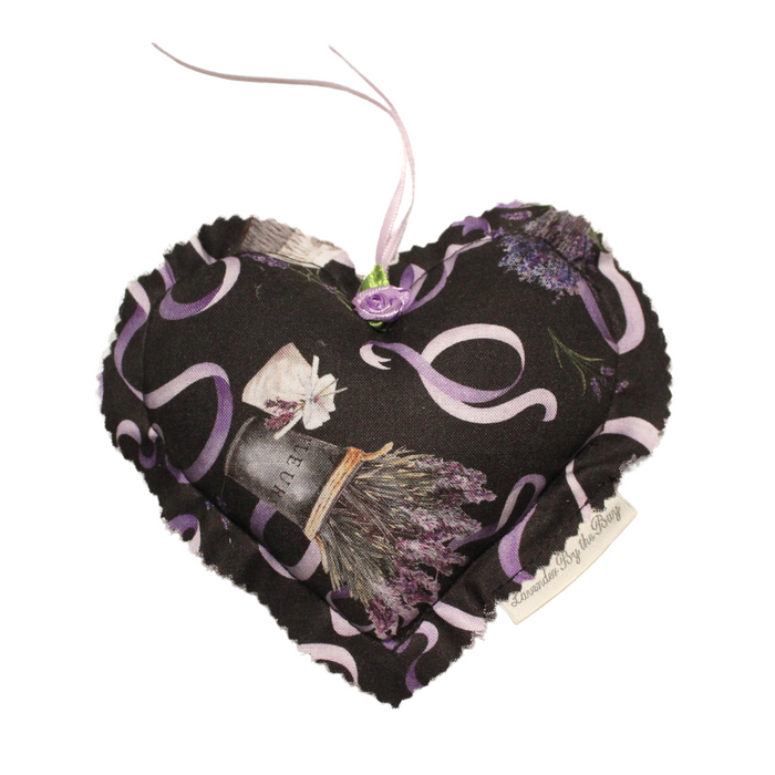 heart shape pillow sachets for drawers with a painting of pot with lavenders flowers and white ribbons