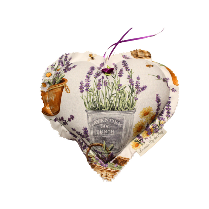 Ribboned Heart Sachets for drawers  with lavender flowers in a pot paintings and sunflowers on white background