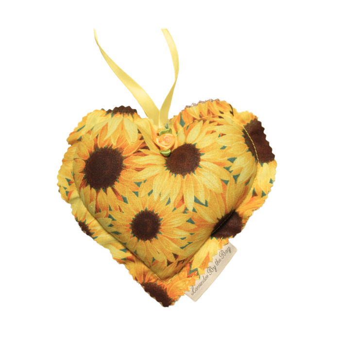 heart lavender sachet for moths
 with sunflowers paitnting and ribbons on white background